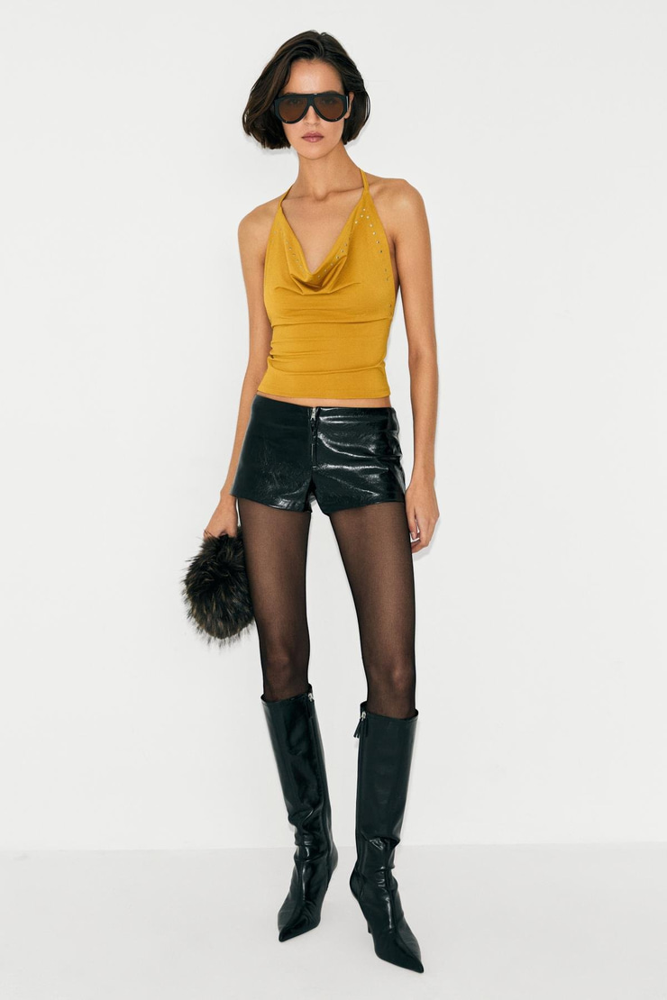 RAPTURE Kadın Degaje Yaka Boyundan Bağlamalı Sırtı Açık Taş Detaylı Esnek Hardal Bluz