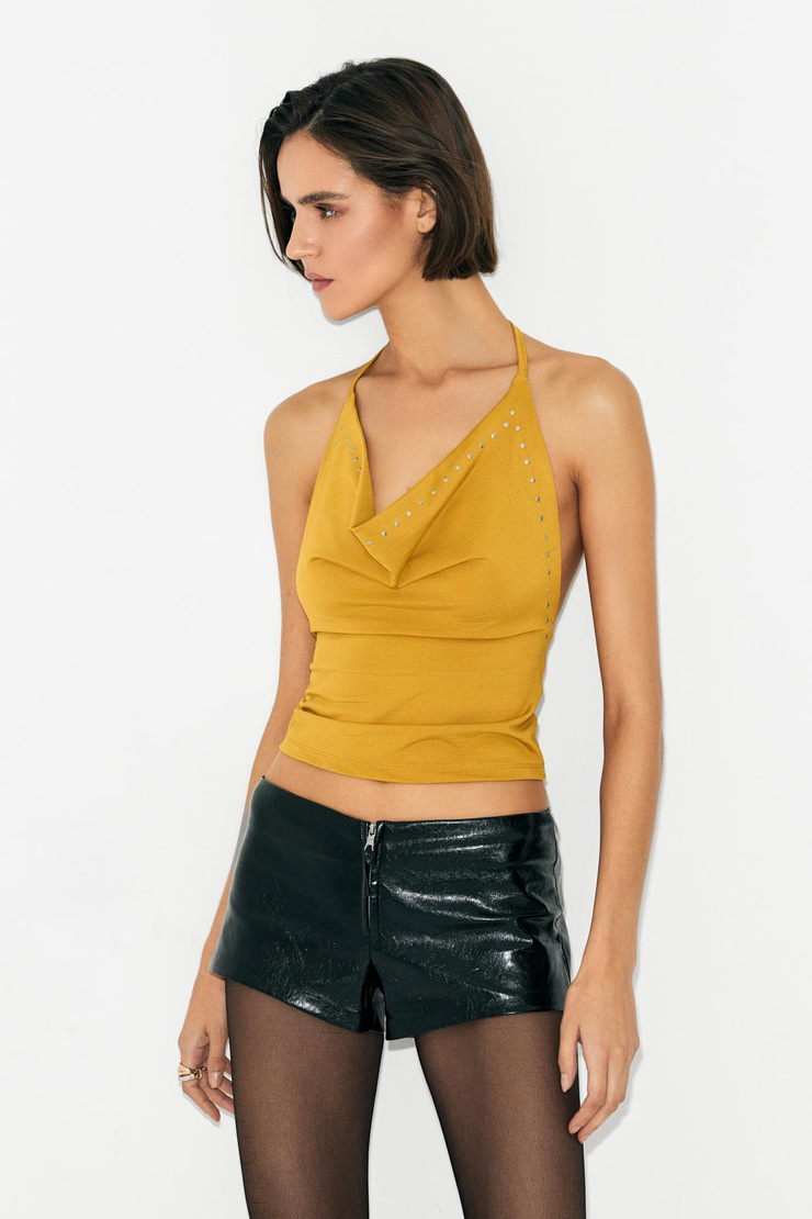 RAPTURE Kadın Degaje Yaka Boyundan Bağlamalı Sırtı Açık Taş Detaylı Esnek Hardal Bluz