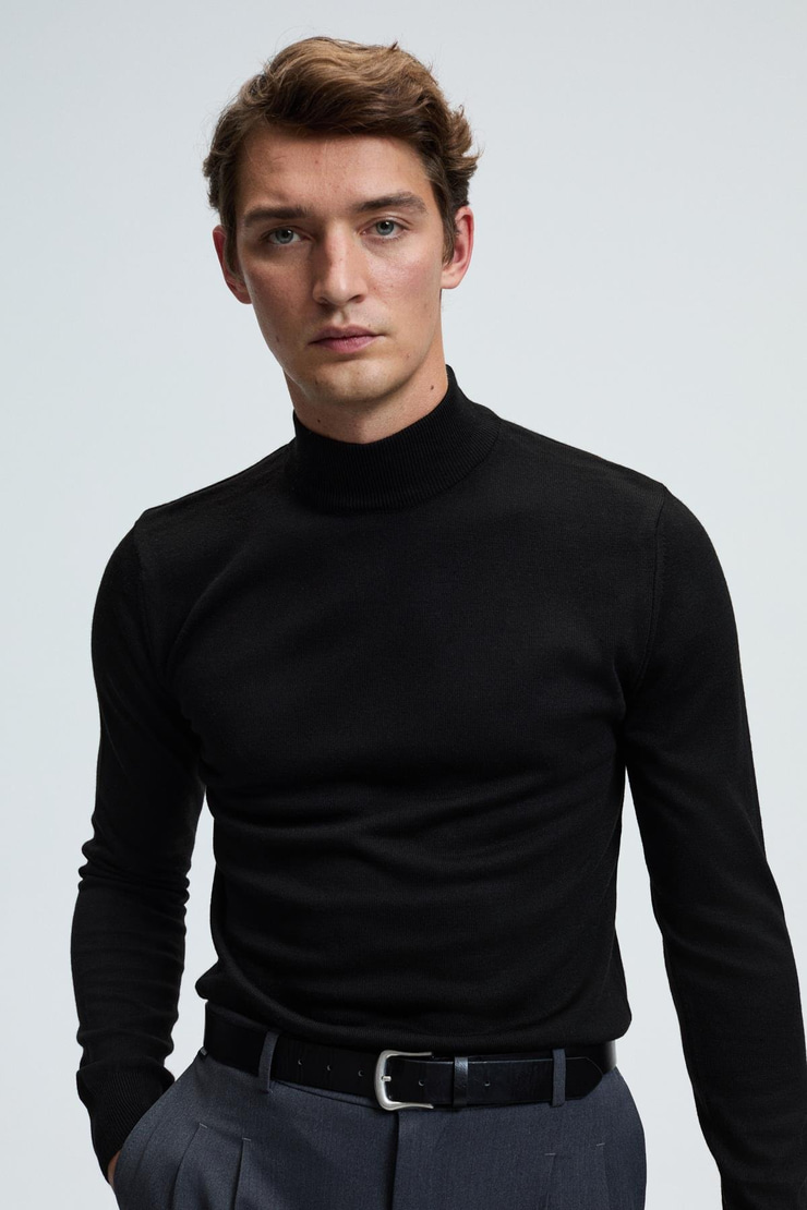 REBEL Erkek Yarım Balıkçı Yaka Basic Regular Fit Triko Siyah Kazak