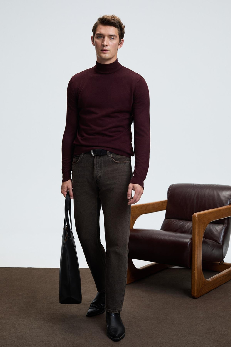 REBEL Erkek Yarım Balıkçı Yaka Basic Regular Fit Triko Bordo Kazak