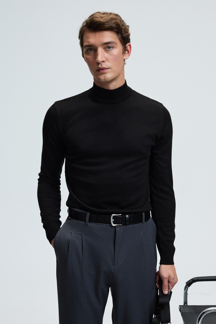 REBEL Erkek Yarım Balıkçı Yaka Basic Regular Fit Triko Siyah Kazak