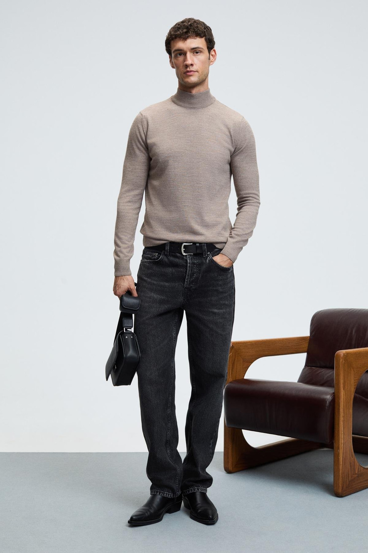 REBEL Erkek Yarım Balıkçı Yaka Basic Regular Fit Triko Vizon Kazak