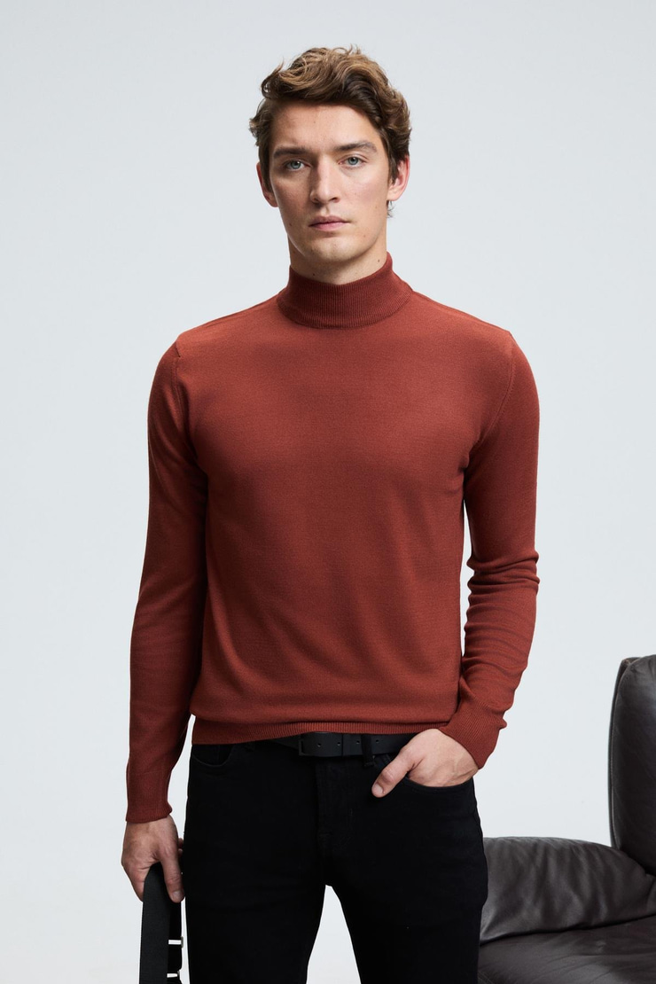 REBEL Erkek Yarım Balıkçı Yaka Basic Regular Fit Triko Kiremit Rengi Kazak