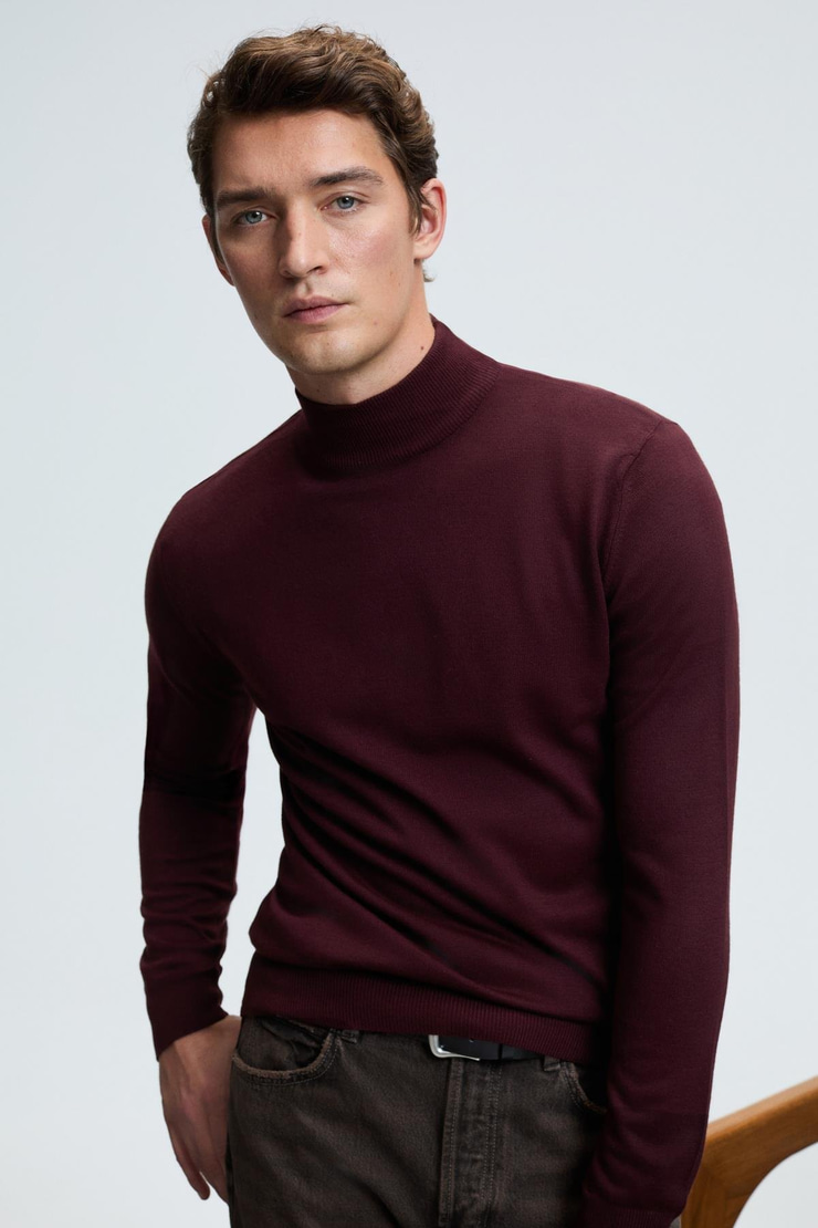 REBEL Erkek Yarım Balıkçı Yaka Basic Regular Fit Triko Bordo Kazak