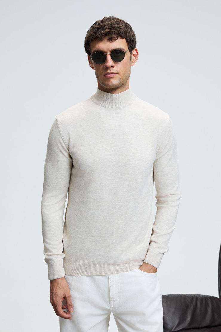 REBEL Erkek Yarım Balıkçı Yaka Basic Regular Fit Triko Bej Kazak