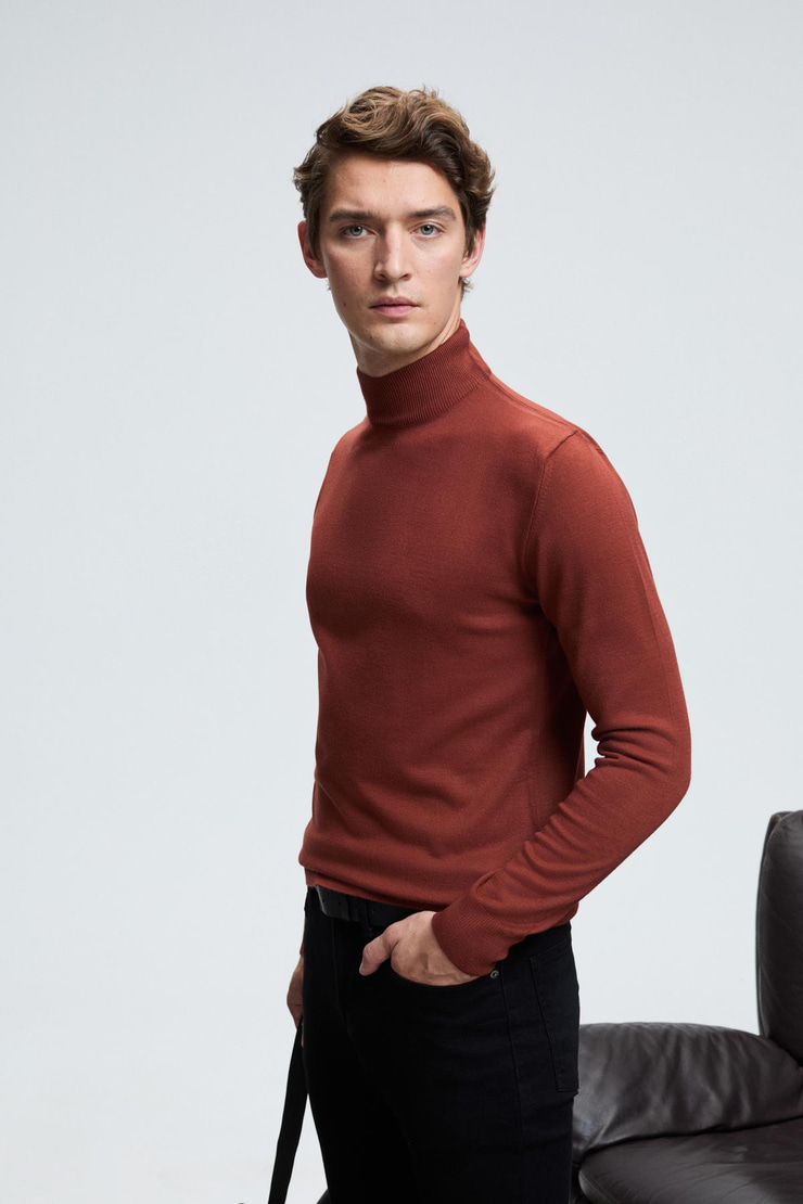 REBEL Erkek Yarım Balıkçı Yaka Basic Regular Fit Triko Kiremit Rengi Kazak