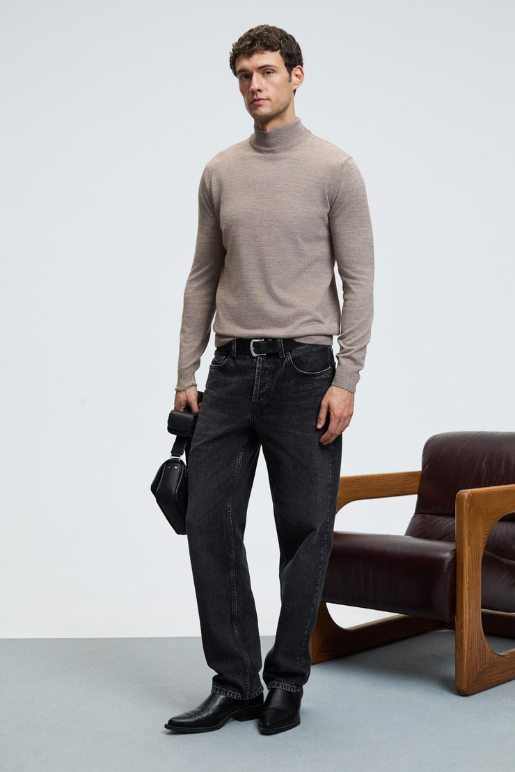 REBEL Erkek Yarım Balıkçı Yaka Basic Regular Fit Triko Vizon Kazak