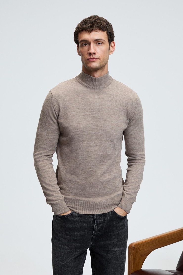 REBEL Erkek Yarım Balıkçı Yaka Basic Regular Fit Triko Vizon Kazak