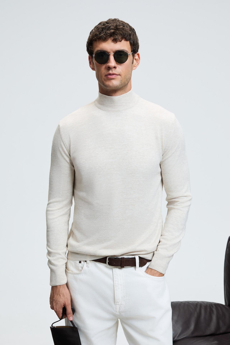 REBEL Erkek Yarım Balıkçı Yaka Basic Regular Fit Triko Bej Kazak