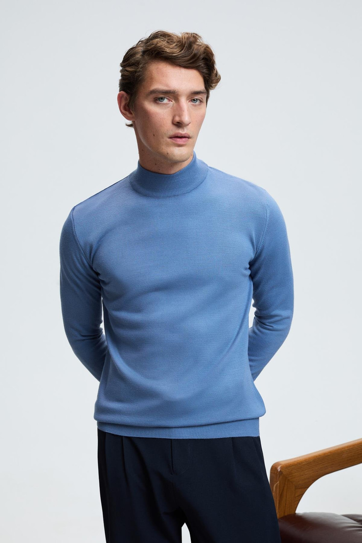 REBEL Erkek Yarım Balıkçı Yaka Basic Regular Fit Triko Mavi Kazak