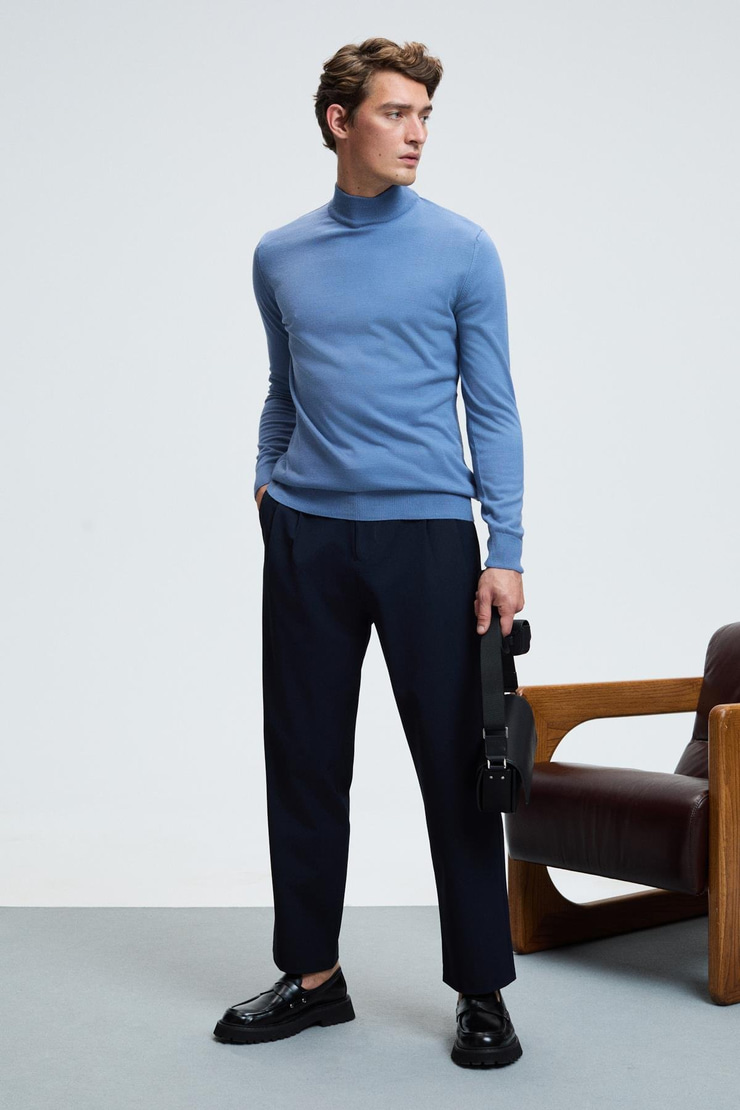 REBEL Erkek Yarım Balıkçı Yaka Basic Regular Fit Triko Mavi Kazak