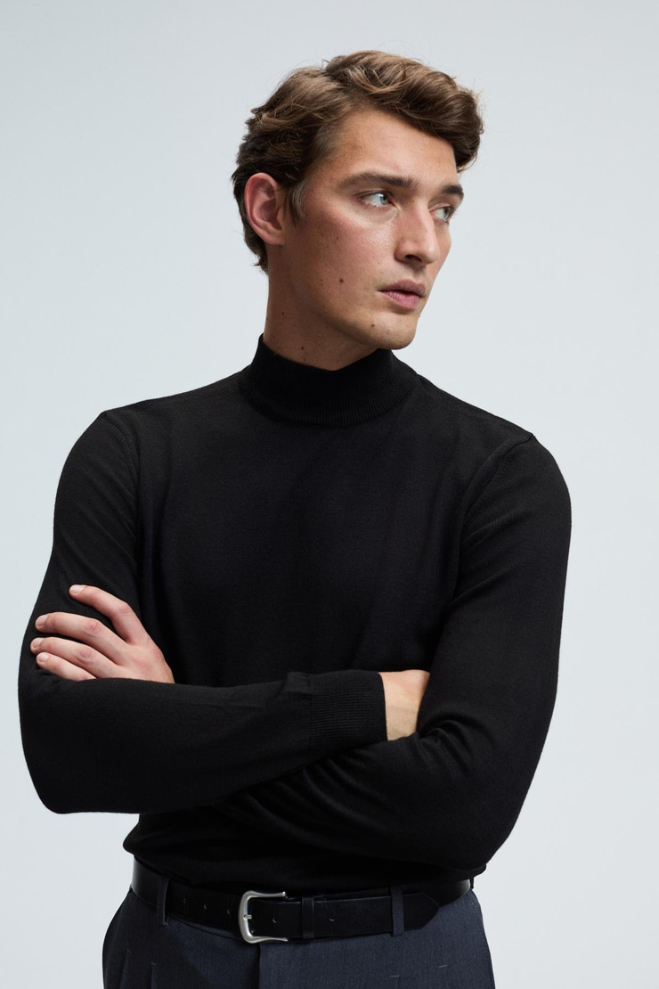 REBEL Erkek Yarım Balıkçı Yaka Basic Regular Fit Triko Siyah Kazak