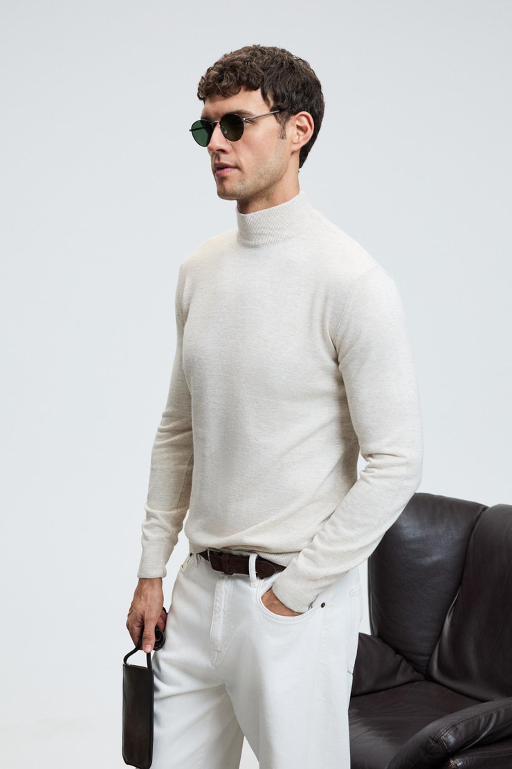 REBEL Erkek Yarım Balıkçı Yaka Basic Regular Fit Triko Bej Kazak