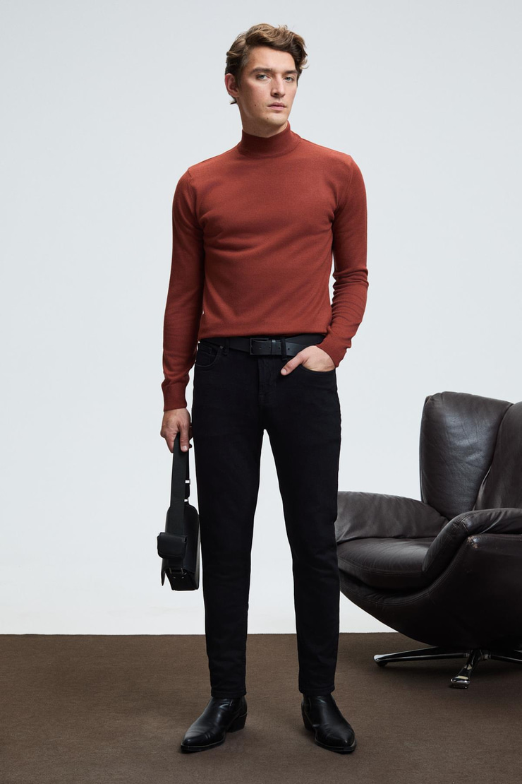 REBEL Erkek Yarım Balıkçı Yaka Basic Regular Fit Triko Kiremit Rengi Kazak