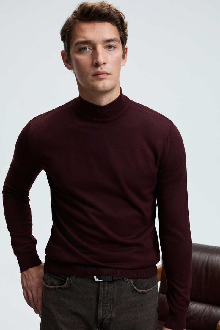 REBEL Erkek Yarım Balıkçı Yaka Basic Regular Fit Triko Bordo Kazak