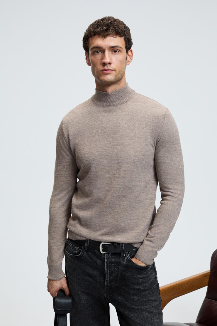 REBEL Erkek Yarım Balıkçı Yaka Basic Regular Fit Triko Vizon Kazak