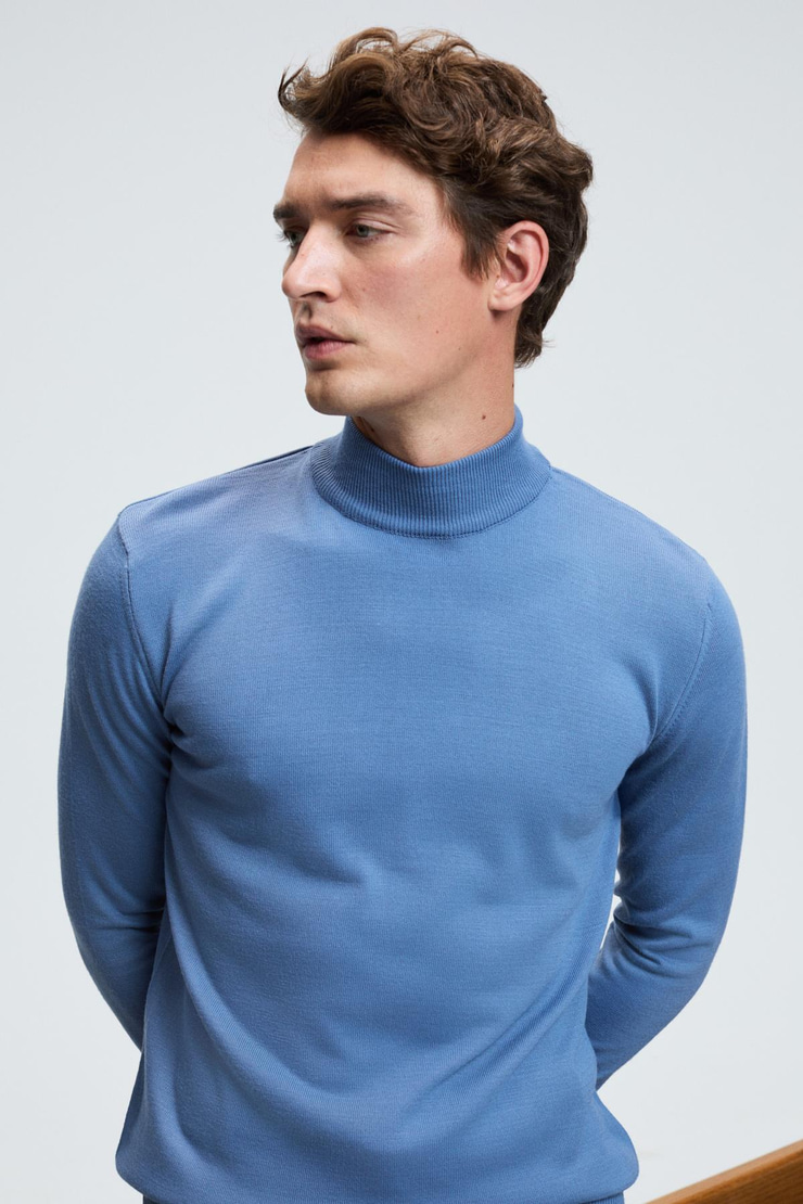 REBEL Erkek Yarım Balıkçı Yaka Basic Regular Fit Triko Mavi Kazak