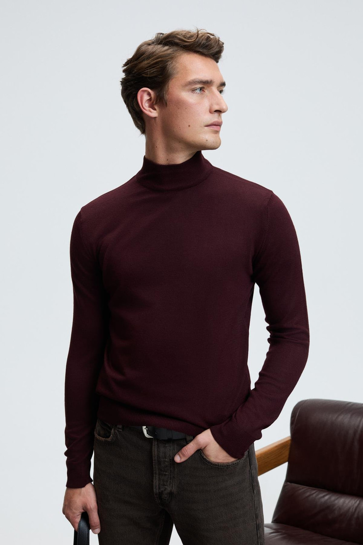 REBEL Erkek Yarım Balıkçı Yaka Basic Regular Fit Triko Bordo Kazak