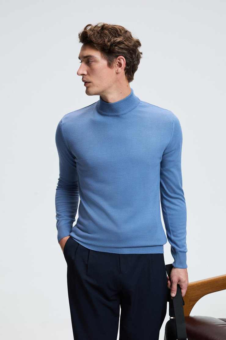 REBEL Erkek Yarım Balıkçı Yaka Basic Regular Fit Triko Mavi Kazak