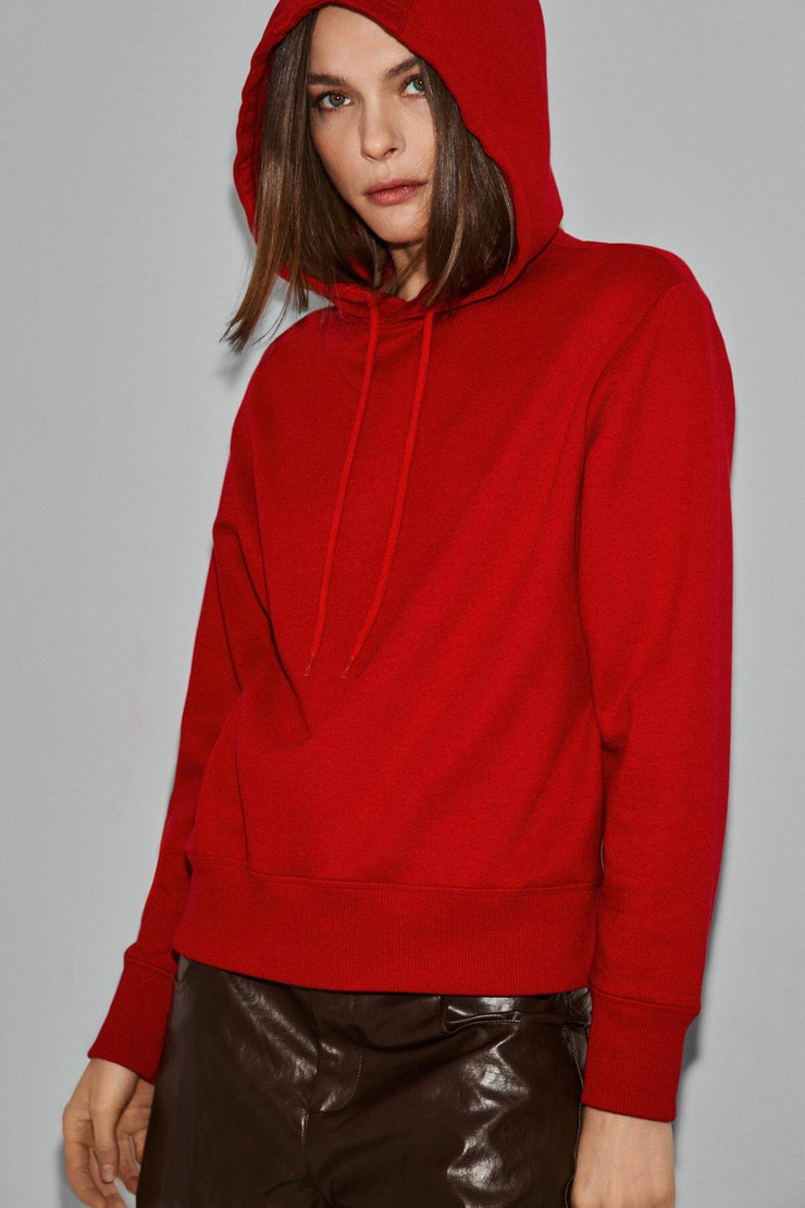 REDONY Kadın Organik Pamuklu İçi Polarlı Kapüşonlu Yaka Brit Detaylı Regular Kırmızı Sweatshirt