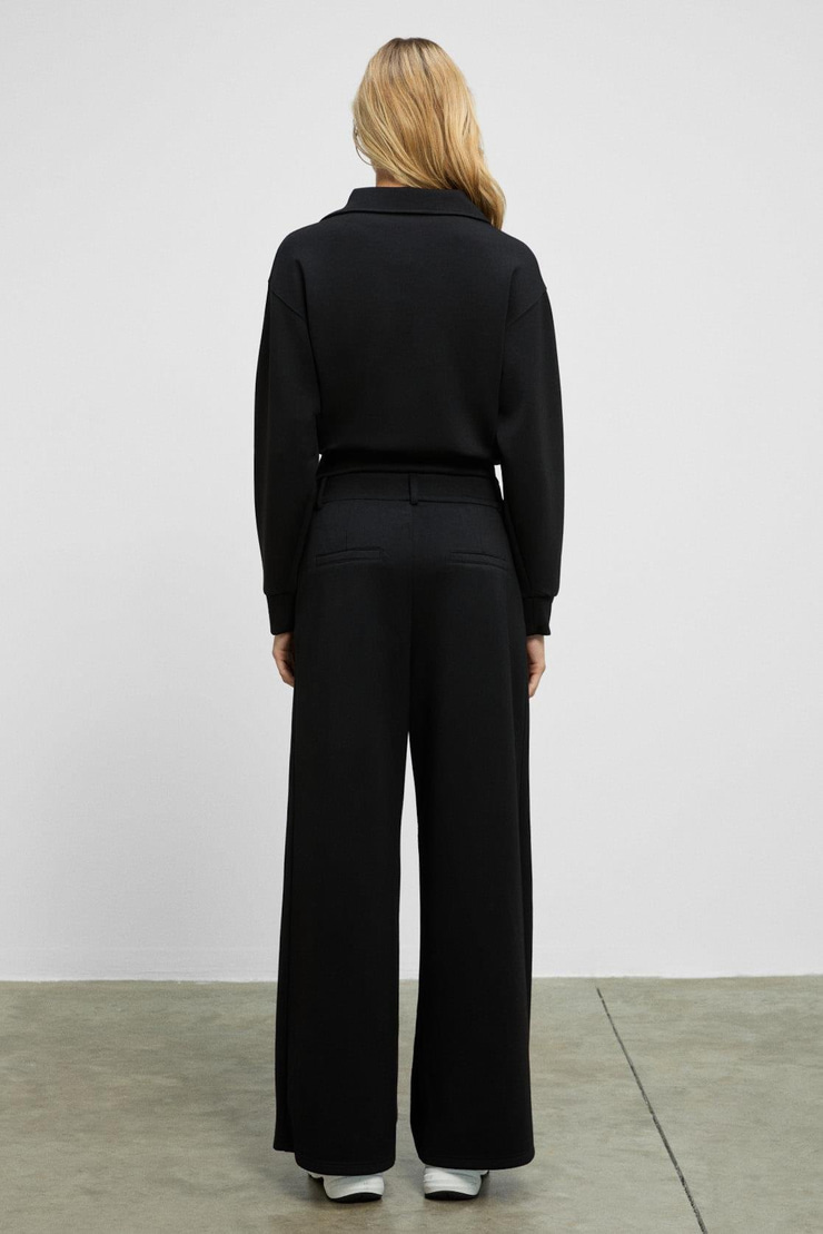 REGNO Kadın Gömlek Yaka Kol Ve Etek Ucu Manşetli Uzun Kollu Oversize Siyah Sweatshirt