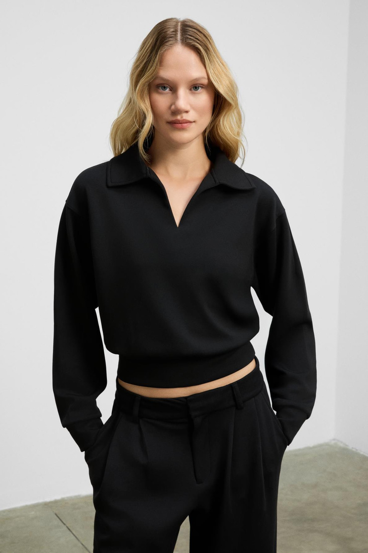 REGNO Kadın Gömlek Yaka Kol Ve Etek Ucu Manşetli Uzun Kollu Oversize Siyah Sweatshirt