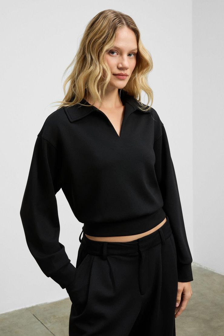 REGNO Kadın Gömlek Yaka Kol Ve Etek Ucu Manşetli Uzun Kollu Oversize Siyah Sweatshirt