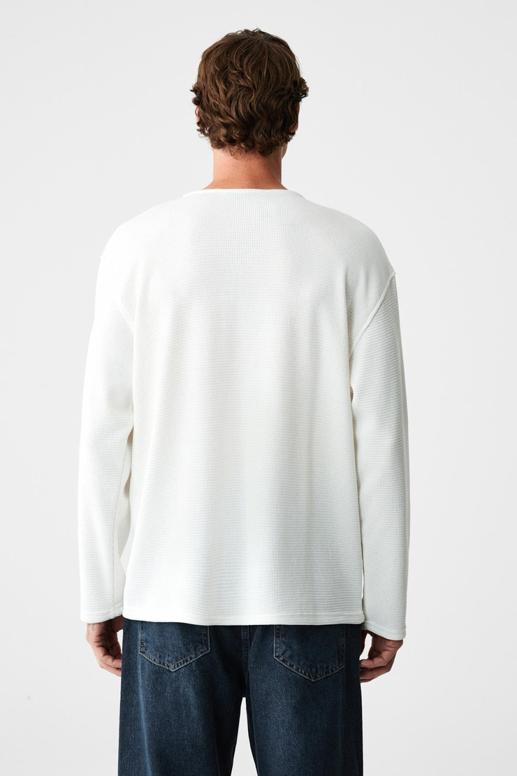 RENEW Erkek Organik Pamuklu Bisiklet Yaka Yarım Patlı Düğmeli Regular Beyaz Sweatshirt