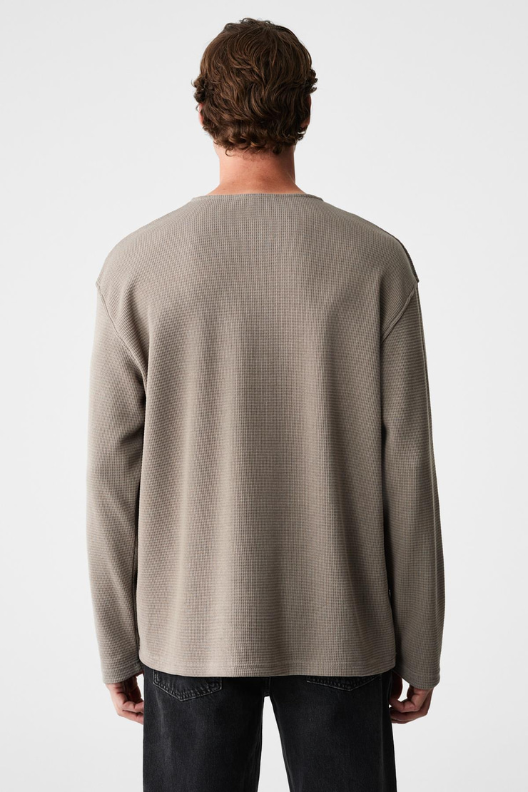 RENEW Erkek Organik Pamuklu Bisiklet Yaka Yarım Patlı Düğmeli Regular Vizon Sweatshirt