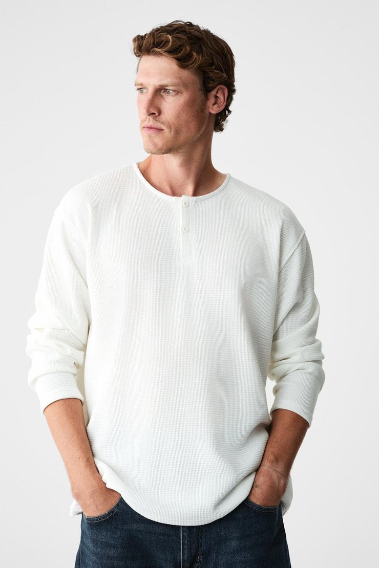 RENEW Erkek Organik Pamuklu Bisiklet Yaka Yarım Patlı Düğmeli Regular Beyaz Sweatshirt