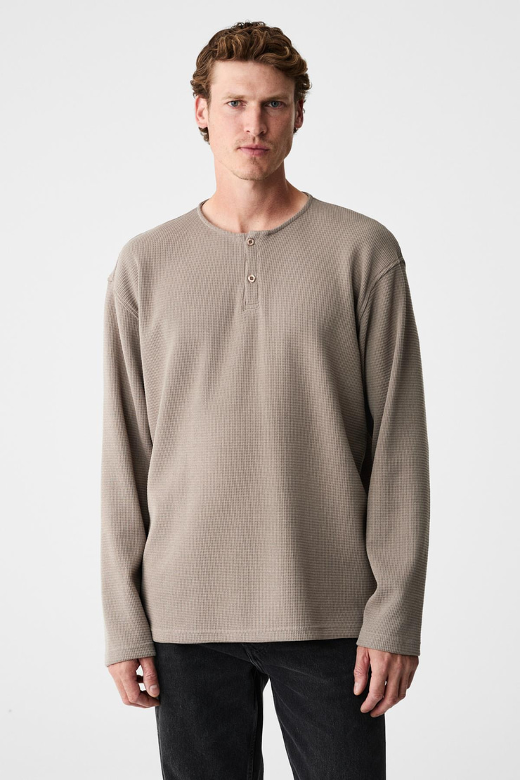 RENEW Erkek Organik Pamuklu Bisiklet Yaka Yarım Patlı Düğmeli Regular Vizon Sweatshirt