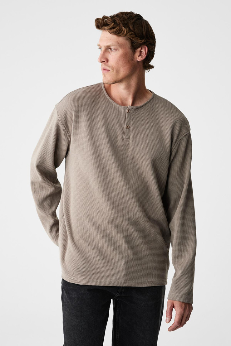 RENEW Erkek Organik Pamuklu Bisiklet Yaka Yarım Patlı Düğmeli Regular Vizon Sweatshirt