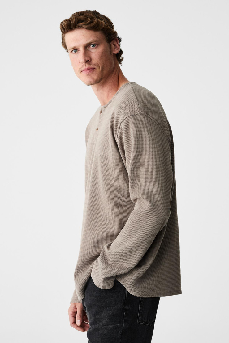 RENEW Erkek Organik Pamuklu Bisiklet Yaka Yarım Patlı Düğmeli Regular Vizon Sweatshirt