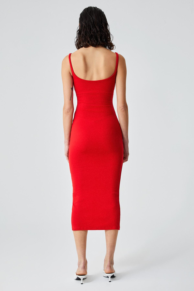 RINIA Kadın Slim Fit Geniş Yaka Askılı Kırmızı Elbise