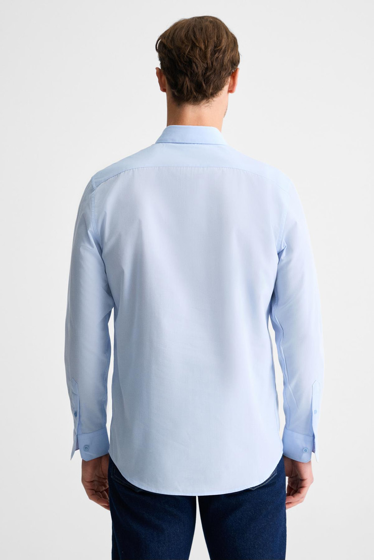 RISTO Erkek Düğmeli Yıkama Sonrası Ütü İhtiyacını En Aza İndiren Kumaş Gömlek Yaka Manşetli Mavi Gömlek