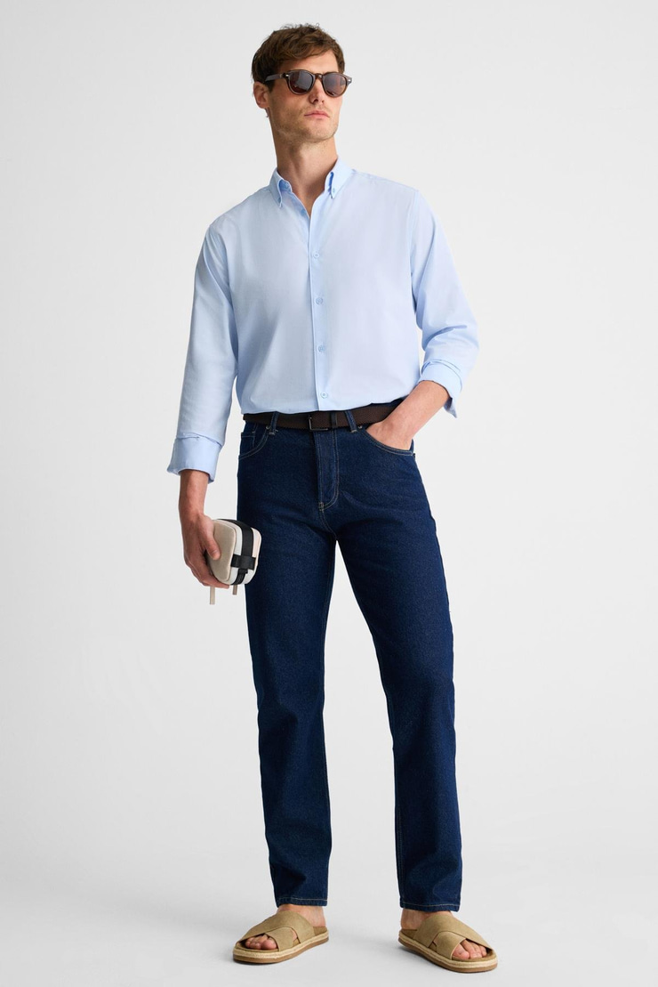 RISTO Erkek Düğmeli Yıkama Sonrası Ütü İhtiyacını En Aza İndiren Kumaş Gömlek Yaka Manşetli Mavi Gömlek