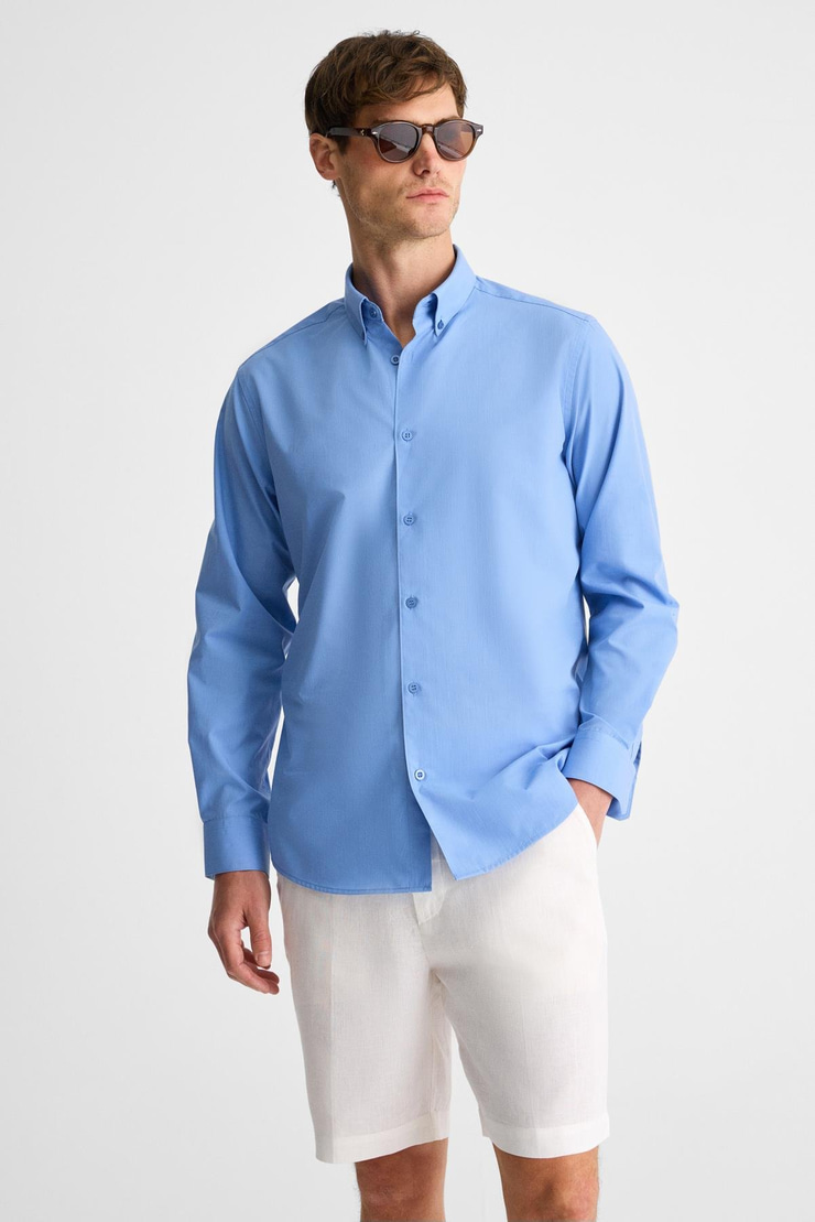 RISTO Erkek Düğmeli Yıkama Sonrası Ütü İhtiyacını En Aza İndiren Kumaş Gömlek Yaka Manşetli Koyu Mavi Gömlek