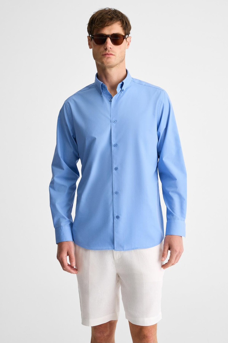 RISTO Erkek Düğmeli Yıkama Sonrası Ütü İhtiyacını En Aza İndiren Kumaş Gömlek Yaka Manşetli Koyu Mavi Gömlek