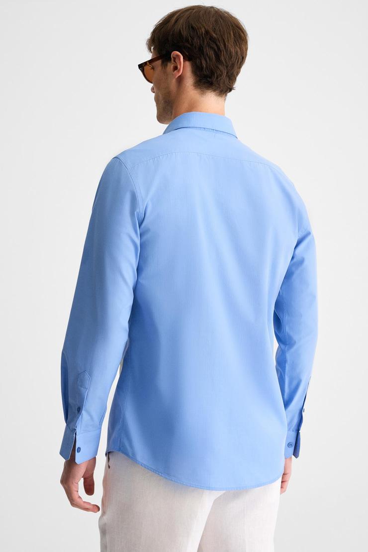 RISTO Erkek Düğmeli Yıkama Sonrası Ütü İhtiyacını En Aza İndiren Kumaş Gömlek Yaka Manşetli Koyu Mavi Gömlek