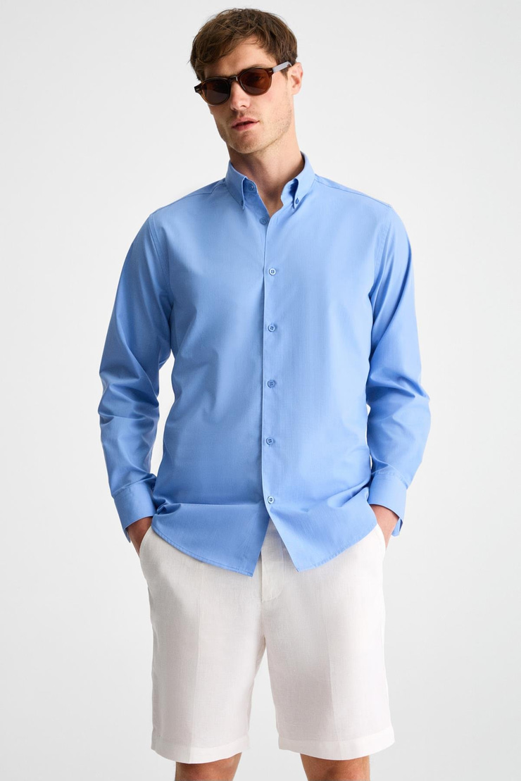 RISTO Erkek Düğmeli Yıkama Sonrası Ütü İhtiyacını En Aza İndiren Kumaş Gömlek Yaka Manşetli Koyu Mavi Gömlek