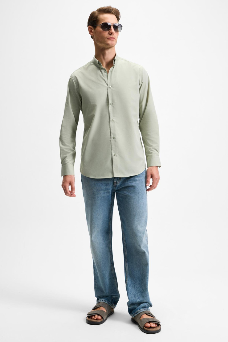 RISTO Erkek Düğmeli Yıkama Sonrası Ütü İhtiyacını En Aza İndiren Kumaş Gömlek Yaka Manşetli Yeşil Gömlek