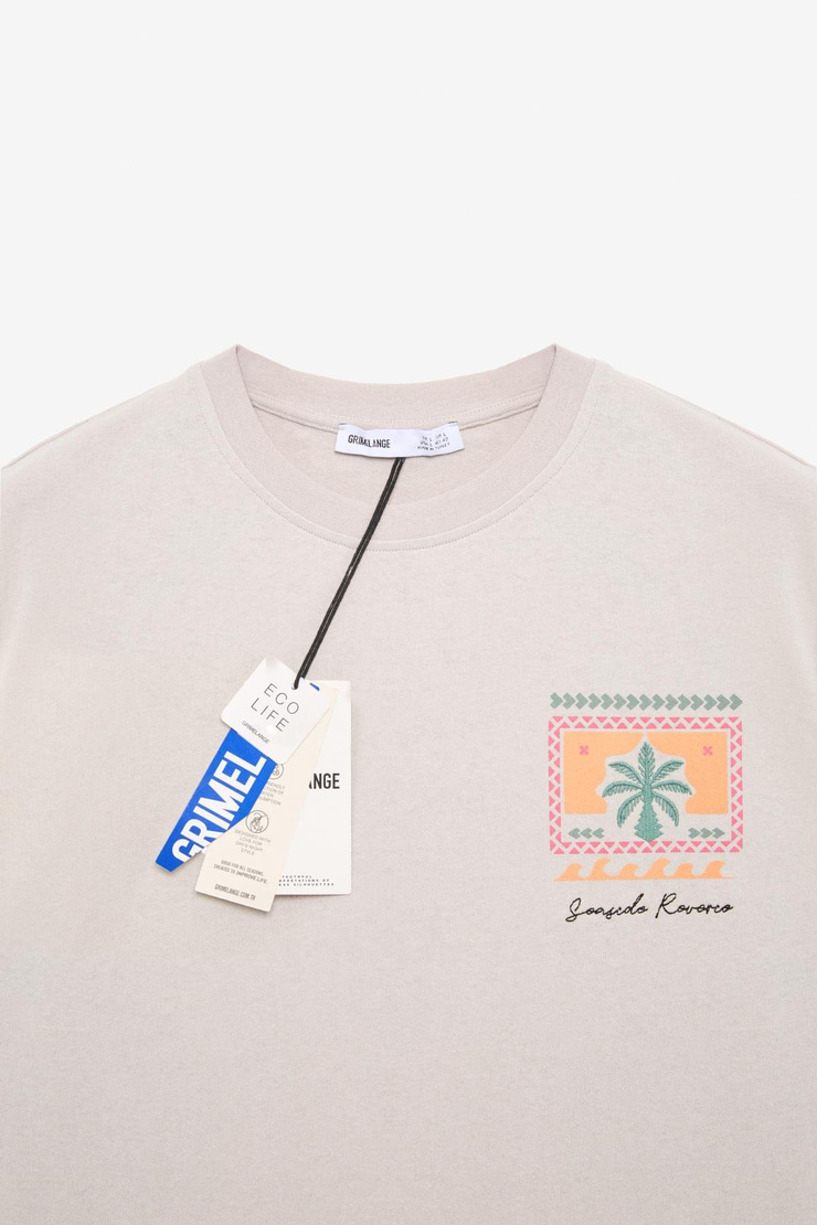 RITO Erkek Bask Detaylı Bisiklet Yaka Oversize Fit Bej T-Shirt