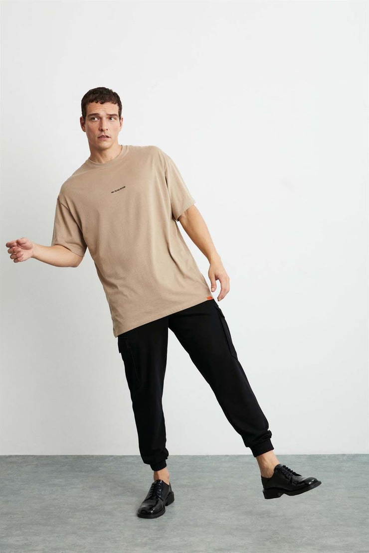 RIVER Örme Oversize Bej  T-Shirt