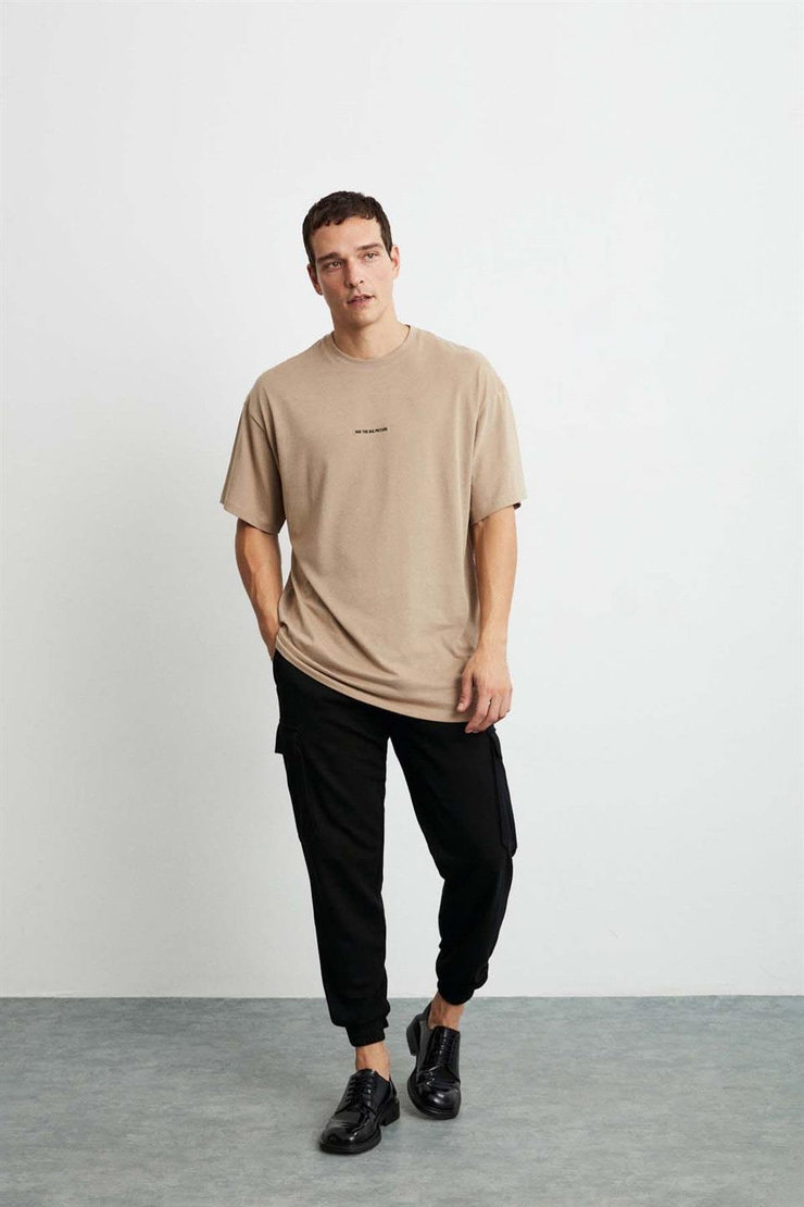 RIVER Örme Oversize Bej  T-Shirt