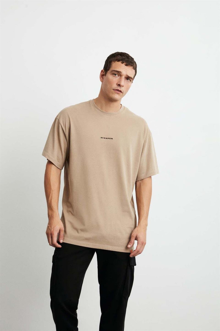 RIVER Örme Oversize Bej  T-Shirt