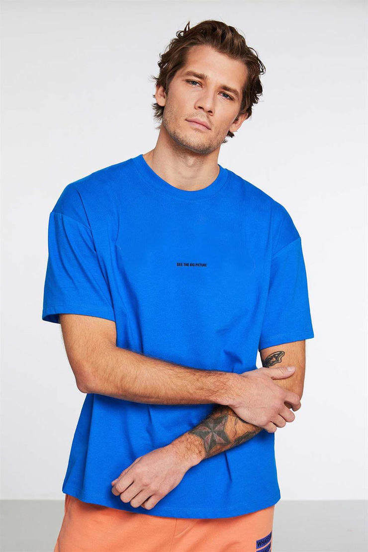 RIVER Örme Oversize Saks Mavi  T-Shirt