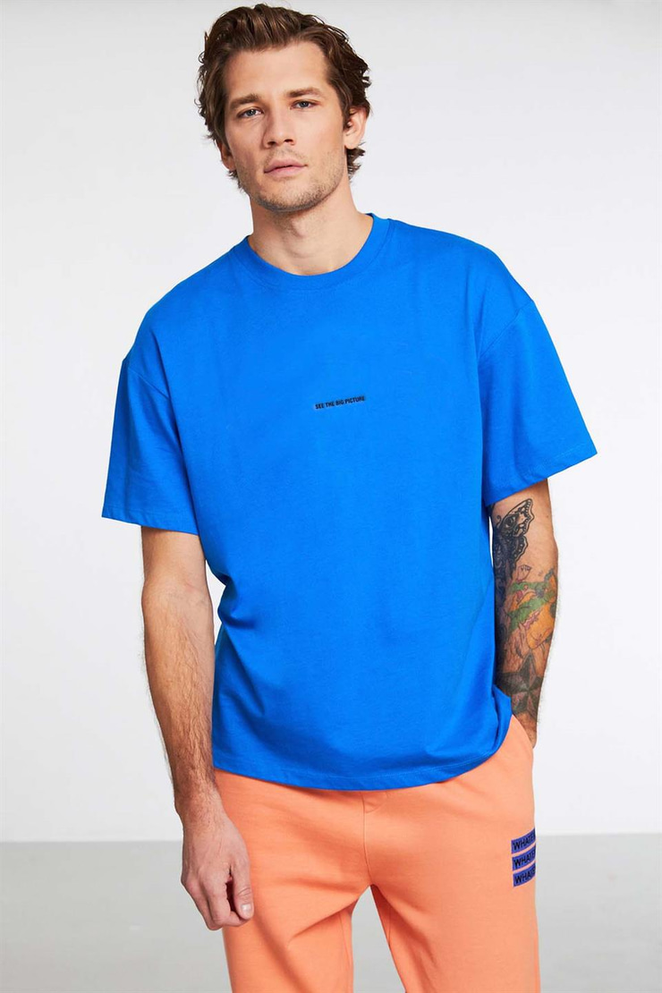 RIVER Örme Oversize Saks Mavi  T-Shirt