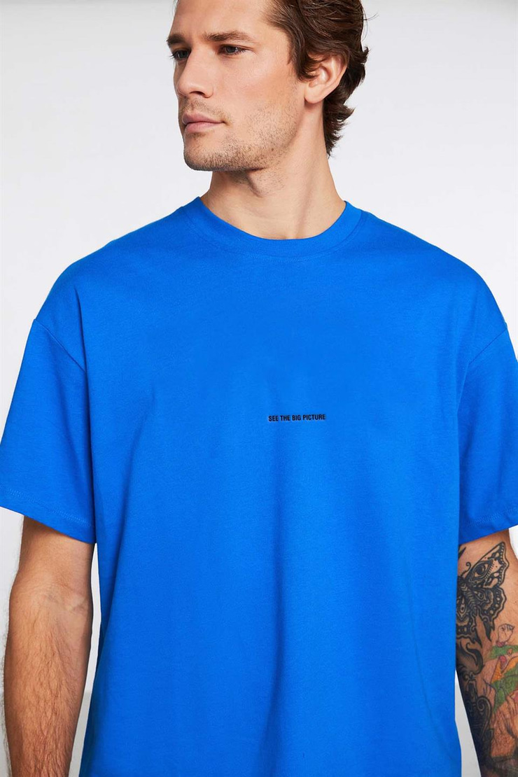 RIVER Örme Oversize Saks Mavi  T-Shirt