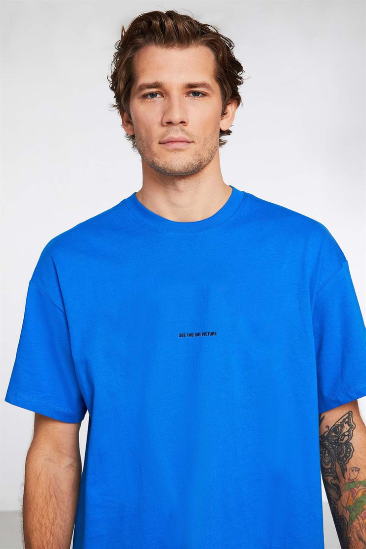 RIVER Örme Oversize Saks Mavi  T-Shirt