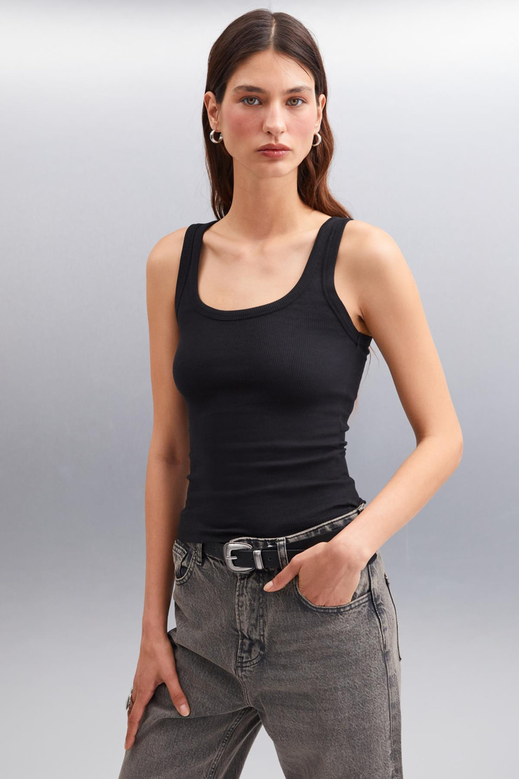 ROMINA Kadın ORGANIK PAMUKLU Fitilli Esnek Kumaşlı Siyah Atlet